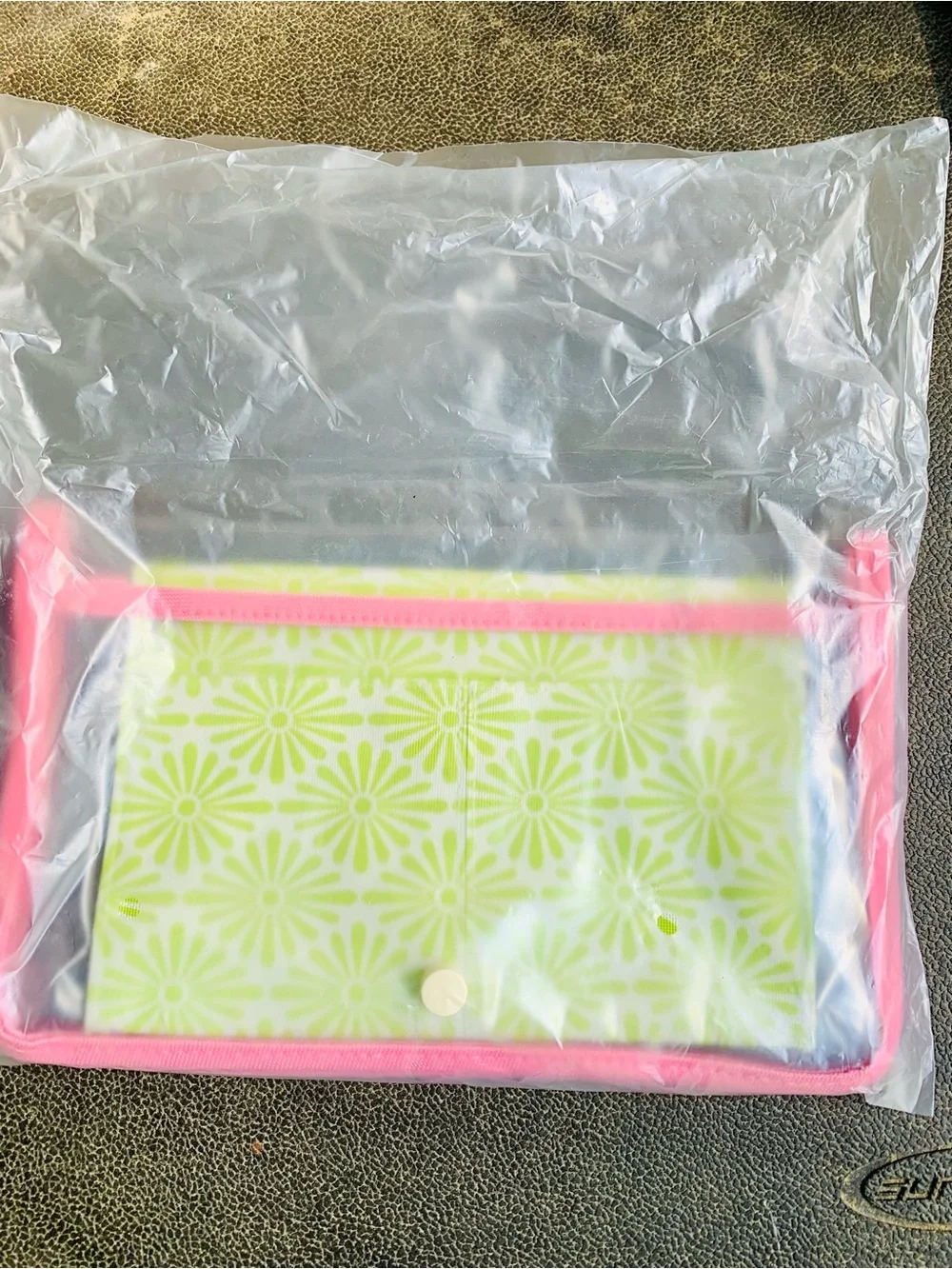 Clear travel cosmetic bag Green Daisy Snap with Pink-Trim